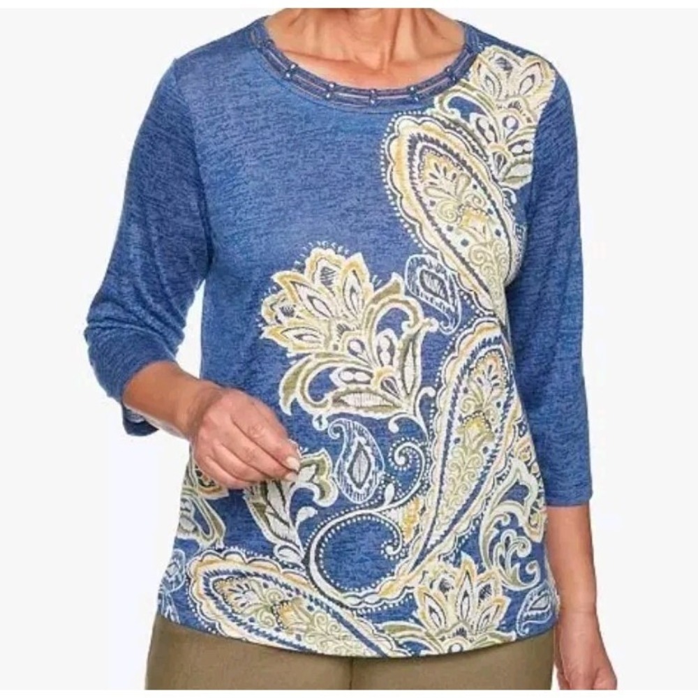 Alfred Dunner Womens Knit Top Size 1X Blue Paisley Print Office Blouse NWT NEW
